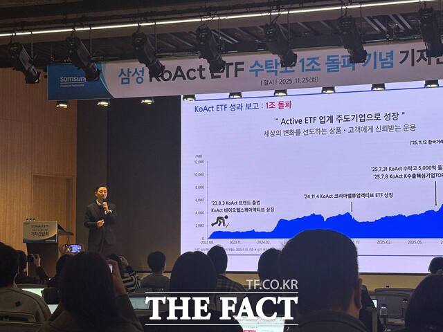 25일 서울 여의도 TP타워에서 열린 KoAct 글로벌K컬처밸류체인 액티브 ETF 상장 기념 기자간담회에서 서범진 삼성액티브자산운용 ETF솔루션본부장이 발언하고 있다. /이라진 기자