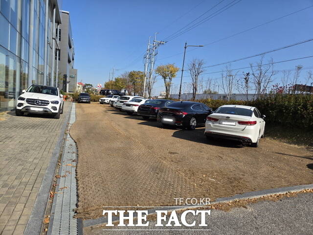 충남 천안시 서북구 성성동 HS효성더클래스 메르세데스 벤츠 천안 전시장. 지목 전(田) 농지 374㎡(약 113평)에 야자매트를 깔아 농지전용허가 없이 주차장으로 사용하고 있다. /정효기 기자