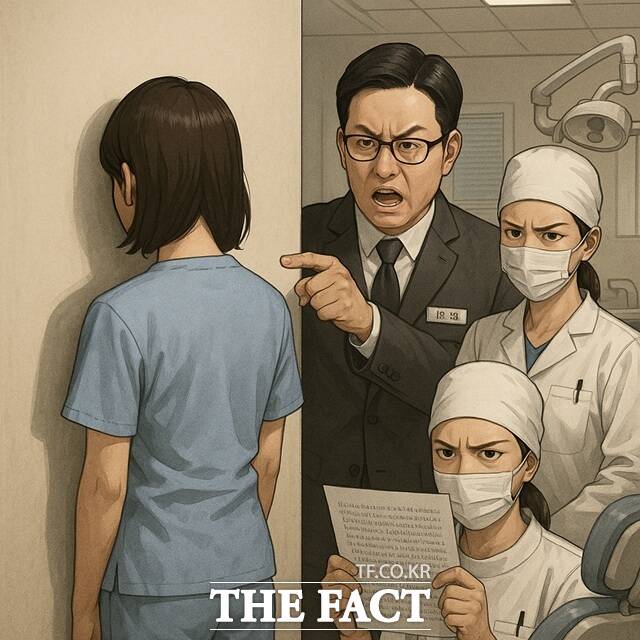 25일 오승혁의 현장은 수년간 직원 수백명을 해고하고 반성문 깜지 작성, 벽 보고 서 있기, 폭언 등의 직장 내 괴롭힘을 한 뒤 퇴사자에게 배상금을 청구한 등의 혐의로 노동당국의 조사를 받고 있는 서울 강남구의 대형 치과를 찾았다. /AI 생성 이미지