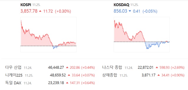 코스닥은 전 거래일 대비 0.05%(0.41포인트) 내린 856.03에 장을 마감했다. /네이버 증권정보 캡쳐