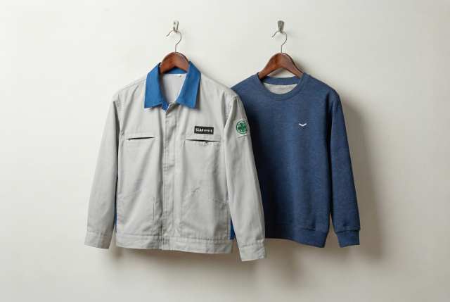 폐근무복 업사이클링 캠페인에 참여한 세아베스틸 근무복과 업사이클링으로 탄생한 아동용 맨투맨. /세아그룹