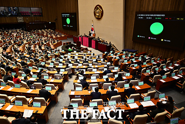 27일 오후 서울 여의도 국회에서 본회의가 열린 가운데 부산 해양수도 이전기관 지원에 관한 특별법안(대안)이 가결되고 있다. /국회=배정한 기자