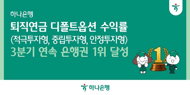 하나은행이 2025년 3분기말 기준 퇴직연금 디폴트옵션(사전지정운용제도) 총 4개 부문 중 적극투자형·중립투자형·안정투자형 3개 부문에서 연간 수익률 은행권 1위를 기록했다. /하나은행