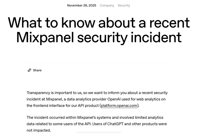 오픈AI가 API 사용자 관련 정보가 일부 유출됐다고 밝혔다. /오픈AI