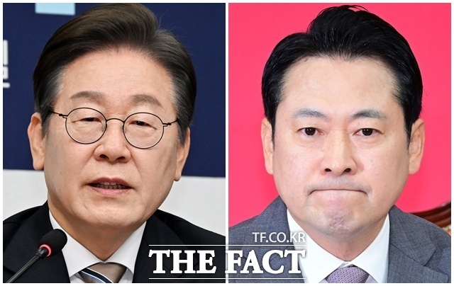 장동혁(오른쪽) 국민의힘 대표가 28일 대구 중구 동성로에서 열린 민생회복 법치수호 국민대회에서 민주당의 의회 폭거와 국정 방해가 결국 계엄을 불러왔다라고 주장했다. 사진은 이재명 대통령과 장 대표. /배정한·남윤호 기자