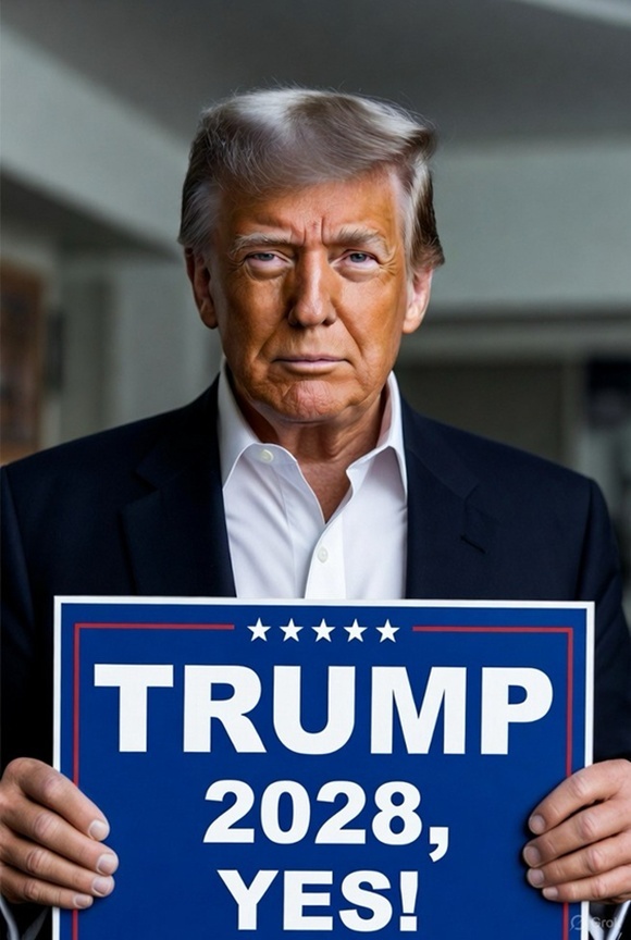 28일(현지시간) 트럼프 대통령은 자신의 소셜미디어 플랫폼 트루스소셜에 미소를 지은 채 양손에 ‘트럼프 2028, 예스!’라고 적힌 피켓을 들고 있는 AI 생성 이미지를 게시했다. /트럼프 트루스소셜 캡쳐