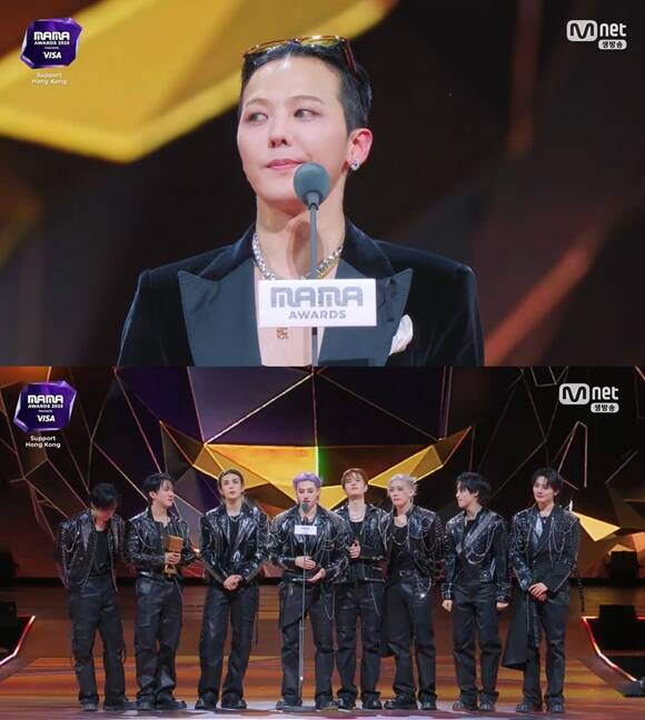가수 지드래곤(위)과 그룹 스트레이 키즈가 2025 MAMA AWARDS에서 대상을 품에 안았다. /방송 화면 캡처