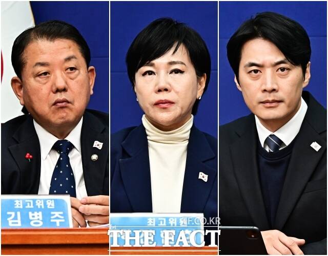 내년 지방선거에 출마할 것으로 알려진 김병주·전현희·한준호 더불어민주당 최고위원(왼쪽부터)이 1일 오전 서울 여의도 국회에서 열린 최고위원회의에 참석해 최고위원직을 사퇴했다. /국회=배정한 기자