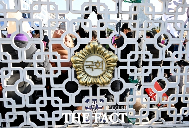 윤석열 대통령 탄핵소추안 국회 표결을 앞둔 지난해 12월 7일 오후 서울 여의도 국회의사당 앞에서 시민들이 집회를 하고 있다./배정한 기자