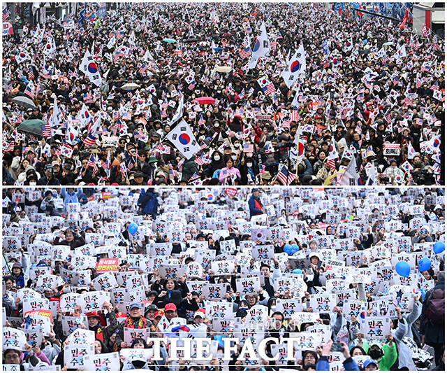 지난 3월 1일 오후 서울 종로구 광화문 광장 일대에서 윤석열 당시 대통령 탄핵 찬반 집회가 열린 모습. 비상계엄 사태가 발발한 지 꼬박 1년이 지났지만, 정치권이 통합을 주도하지 못하면서 시민사회 등에서의 분열상도 방치되고 있다는 지적이 나온다. /박헌우 기자
