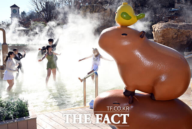 캐리비안 베이의 이색 야외 온천 '윈터 스파 캐비' 운영을 하루 앞둔 4일 경기 용인 캐리비안 베이 내 야외 온천에서 모델들이 따끈따끈한 스파를 즐기고 있다. /용인=이새롬 기자