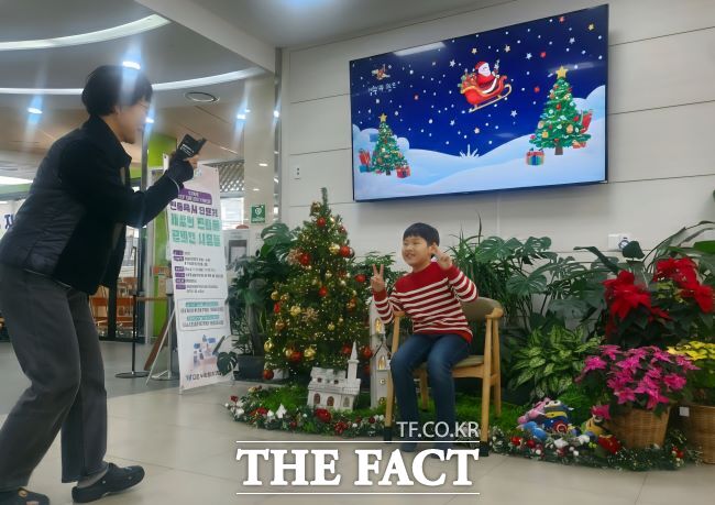 과천정보과학도서관에 조성된 크리스마스트리 앞에서 시민들이 사진을 찍고 있다. /과천시