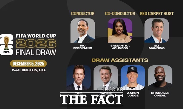 2026 북중미월드컵 조추첨식을 진행할 진행자들. 리오 퍼디낸드를 비롯해 미국 프로스포츠의 레전드 스타들이 보조 진행자로 나선다./FIFA