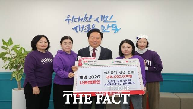 김호중 공식 팬카페 회원들이 안동시에 3500 만원 전달 후 기념촬영을 하고 있다. /안동시