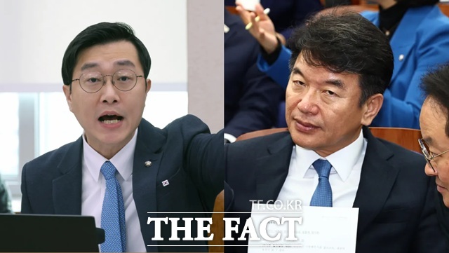 '준강제추행' 협의로 고소를 당한 장경태 의원(왼쪽)과 위력에 의한 업무방해 공범 혐의로 고발된 같은 당 문진석 의원. /뉴시스