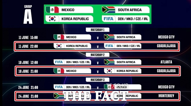 한국의 2026 북중미 월드컵 조별리그 경기 일정./FIFA