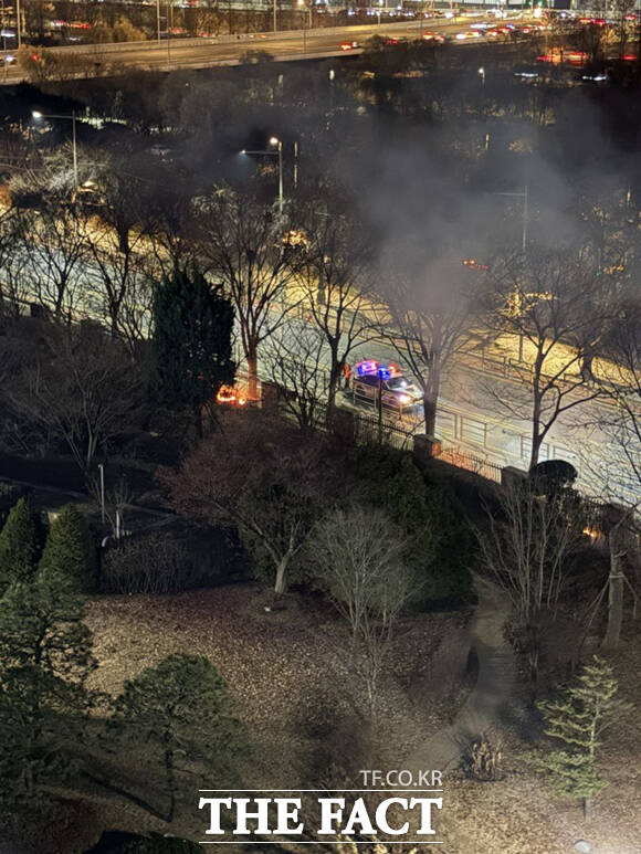 9일 저녁 서울 여의도 국회 3문에서 방화로 추정되는 화재가 발생했다. /독자제공