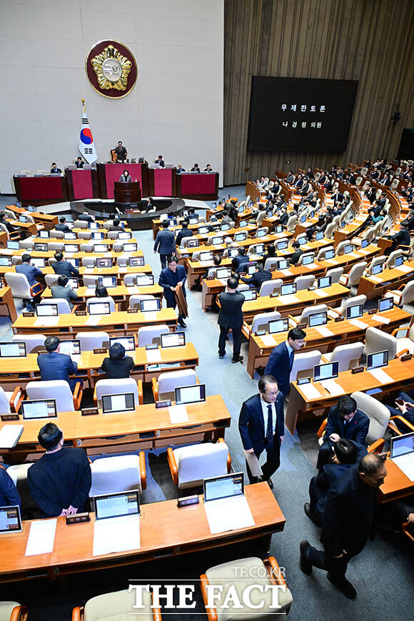 나경원 의원의 무제한 토론 개시에 일부 여당 의원들이 자리를 뜨고 있다.