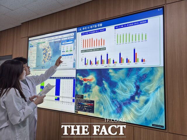광주시 보건환경연구원 직원이 대기질 현황판을 확인하고 있다. /광주시