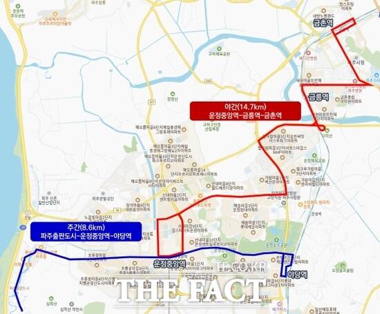 국토교통부 지정 자율주행자동차 시범운행지구로 신규 지정된 경기 파주시 지역 노선도. /파주시