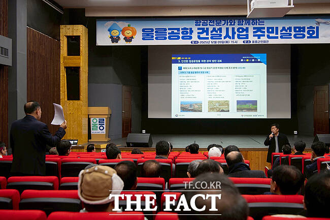 10일 열린 울릉공항건설 주민설명회에서 한 주민이 공항 활주로 안전성에 질의하고 있다. /울릉군