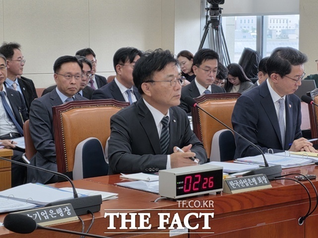 법무실장·준법감시인 출신 첫 내부 회장인 박상진 체제가 취임 석 달도 안 돼 정책금융 리스크 관리 능력을 검증받는 시험대에 올랐다. 사진은 박상진 산업은행장이 지난 10월 20일 오전 국회 정무위원회 국정감사 업무보고에서 답변하고 있는 모습. /국회=이선영 기자