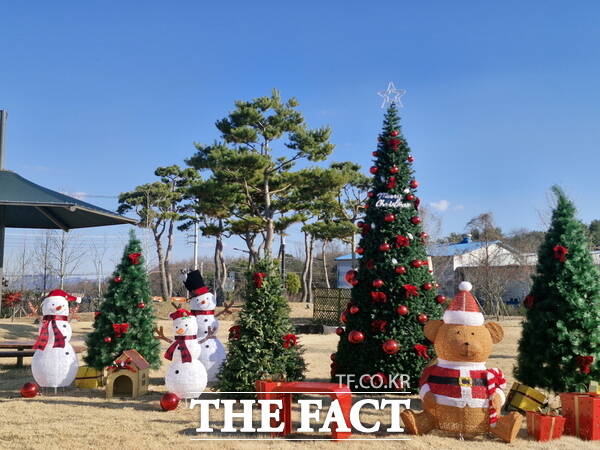 금산군 금성면 이슬공원에 설치된 크리스마스 트리·조형물들. /금산군