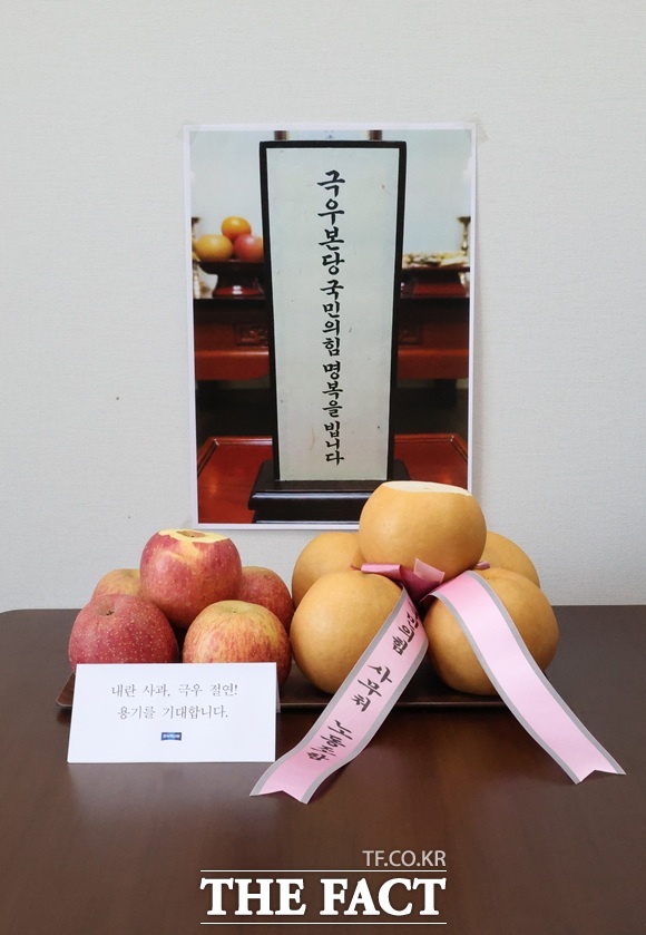 조국혁신당은 12일 국민의힘이 반송한 '사과'와 맞대응 차원에서 보낸 '배'를 국민의힘 위헌 정당의 명복을 비는 데 사용했다고 밝혔다. /혁신당 제공