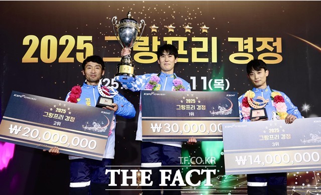 2025 그랑프리 경정 입상 선수들이 기념사진을 촬영하고 있다. 사진 왼쪽부터 2위 박종덕, 1위 김도휘, 3위 박원규./국민체육진흥공단