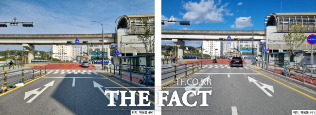 횡단보도와 차량정지선 이격거리를 5m로 확대한 처인구 역북동 491번지의 모습. 이격거리 확대 전(좌) 후(우) /용인시