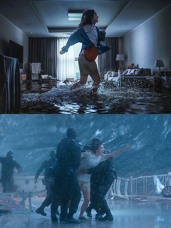 넷플릭스 새 영화 '대홍수'가 재난 블록버스터와 SF의 장르적 결합이라는 신선한 시도, 화려한 연출 등으로 눈길을 끌었지만, 설득력 부족한 서사가 몰입을 방해한다는 지적도 존재한다. /넷플릭스