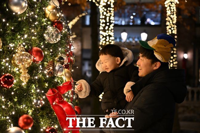 시민들이 신세계시흥아울렛에 설치된 크리스마스트리 풍경을 즐기고 있다. /시흥시