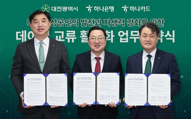 하나은행과 하나카드는 지난 16일 대전광역시청에서 대전광역시와 함께 '데이터 교류 활성화를 위한 업무협약'을 체결하고, 지역사회 발전 및 소상공인의 자생력 강화를 위해 상호 협력하기로 했다. 이날 협약식에 참석한 이동열 하나은행 충청영업그룹 부행장(왼쪽에서 첫번째)과 성영수 하나카드 대표(왼쪽에서 세번째)가 이장우 대전광역시장(왼쪽에서 두번째)과 함께 기념촬영을 하고 있다. /하나은행