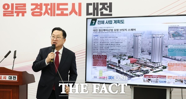 이장우 대전시장이 19일 시정 브리핑을 열고 도시재생 국가시범지구 선정에 대해 설명하고 있다. /대전시