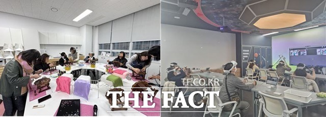 세종시교육청 진로교육원이 지난 17일 진로체험실 오픈하우스를 운영, 시민·학부모들이 자개공예와(왼쪽) 가상현실(VR) 체험을 하고 있다. /세종시교육청