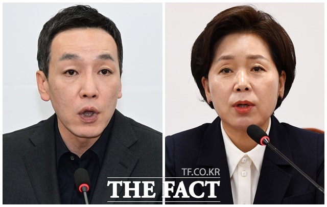 국민의힘 양향자·김민수 최고위원이 지난 15일 국회 본청 앞 천막농성장에서 열린 최고위원회의에서 여론조사 분석 결과를 두고 설전을 벌였다. /남윤호·남용희 기자