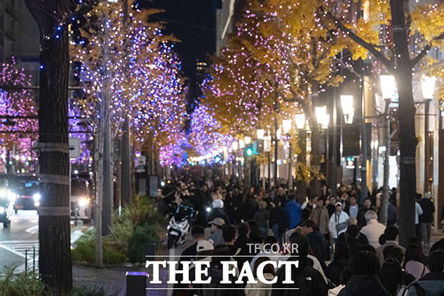 크리스마스를 닷새 앞둔 20일 오후 일본 오사카 난바 거리에서 시민들이 크리스마스 시즌 조명으로 장식된 거리를 거닐고 있다. /오사카=서예원 기자