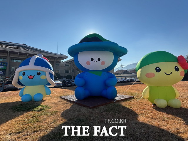 여수세계섬박람회 마스코트 다섬이(가운데)와 여수시 리뉴얼 마스코트 장군이(왼쪽)·오동이(오른쪽) 조형물이 22일 시청 잔디광장에 설치돼 방문객들에게 소개되고 있다. /여수시