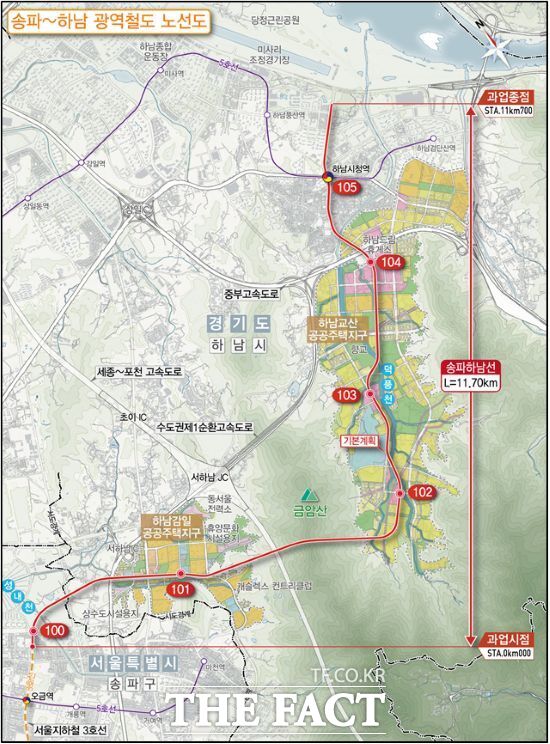 경기도가 추진하는 송파하남선 광역철도 건설 사업 2·3·4공구 위치도. /경기도