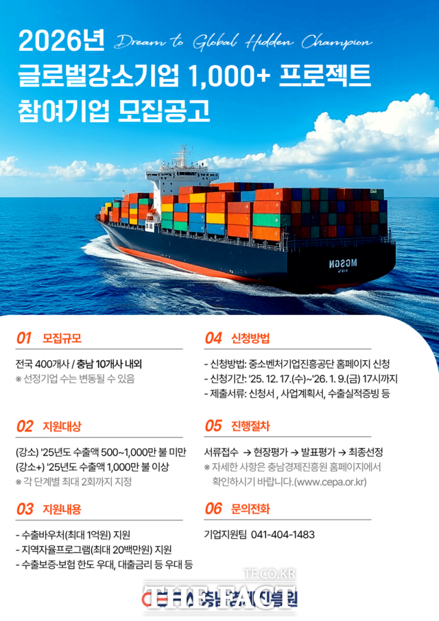 충남경제진흥원의 2026 충남 글로벌 강소기업 1000+ 프로젝트 참여 기업 모집 포스터. /충남경제진흥원