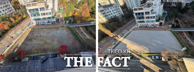 용인상현도서관 주변 미매각 용지 주차장 탈바꿈. 사진은 공사 전과 후. /경기도