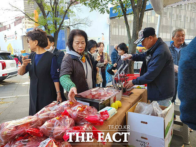 영주사과가 지난달 서울 종로구 남인사마당에서 열린 '제1회 진상(進上) 축제'에 참가해 시민들의 발걸음이 이어지고 있다. /영주시