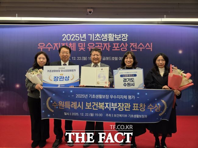 수원시가 22일 서울 글래드호텔에서 열린 보건복지부 주관 2025년 기초생활보장·긴급지원 사업 평가 시상식에서 우수 지자체로 선정돼 장관 표창을 받았다. /수원시