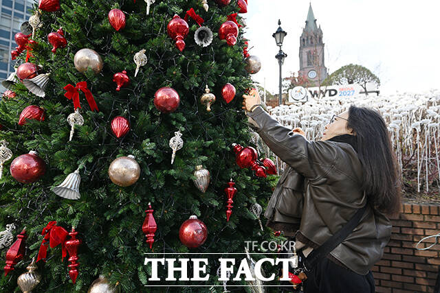 한 시민이 트리에 소망을 적은 카드를 달고 있다.