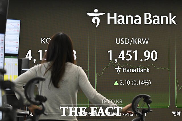 원·달러 환율이 3년 1개월만에 최대 폭으로 하향한 24일 이후 첫 거래일인 26일 서울 중구 을지로 하나은행 본점 딜링룸 전광판에 경제지수가 표시되고 있다. /송호영 기자