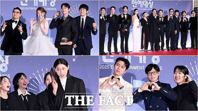 MBC 예능 '극한84'와 '나 혼자 산다', '놀면 뭐하니?', '신인감독 김연경'(왼쪽 위부터 시계 방향으로)이 29일 오후 서울 마포구 MBC 미디어센터에서 열린 ‘2025 MBC 방송연예대상’ 레드카펫에 참석해 포즈를 취하고 있다. /서예원 기자