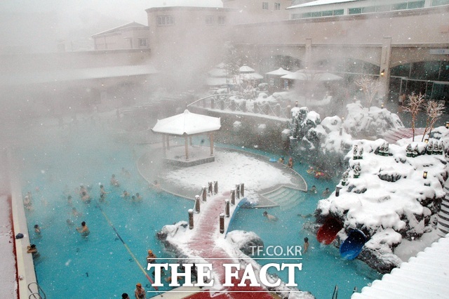 겨울철 아산온천에서 온천수 물놀이를 즐기는 관광객들. /충남도