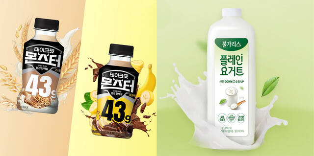 남양유업의 초고단백 음료 '테이크핏 몬스터'(좌), '불가리스 플레인 요거트'(우). /남양유업