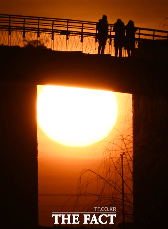‘붉은 말의 해’ 병오년 첫날인 1일 오전 서울 영등포구 선유도 공원에서 새해 첫 해가 떠오르고 있다. /배정한 기자
