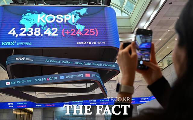 새해 첫 거래일 코스피가 사상 최고치를 경신한 가운데, 2일 서울 여의도 한국거래소 전광판에 지수가 나타나고 있다. /이새롬 기자